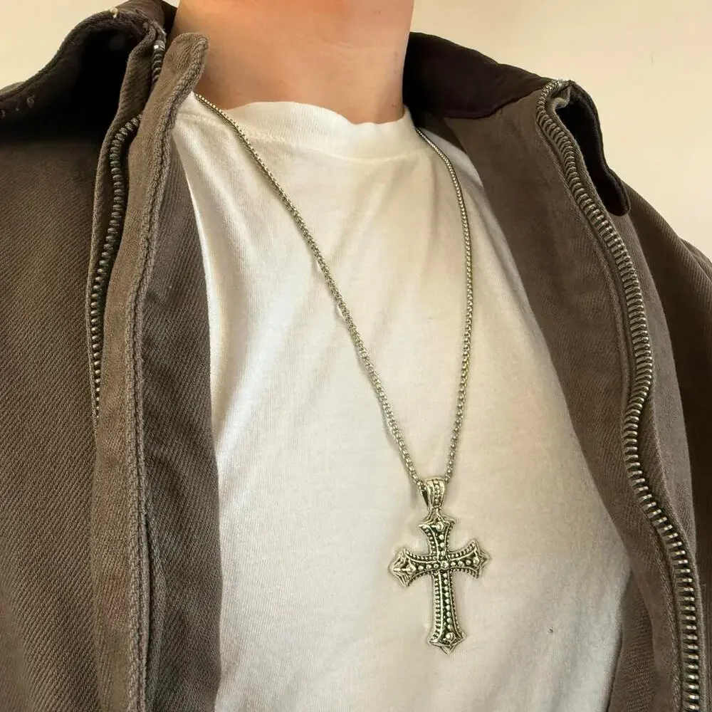 Silver tone cross pendant necklace